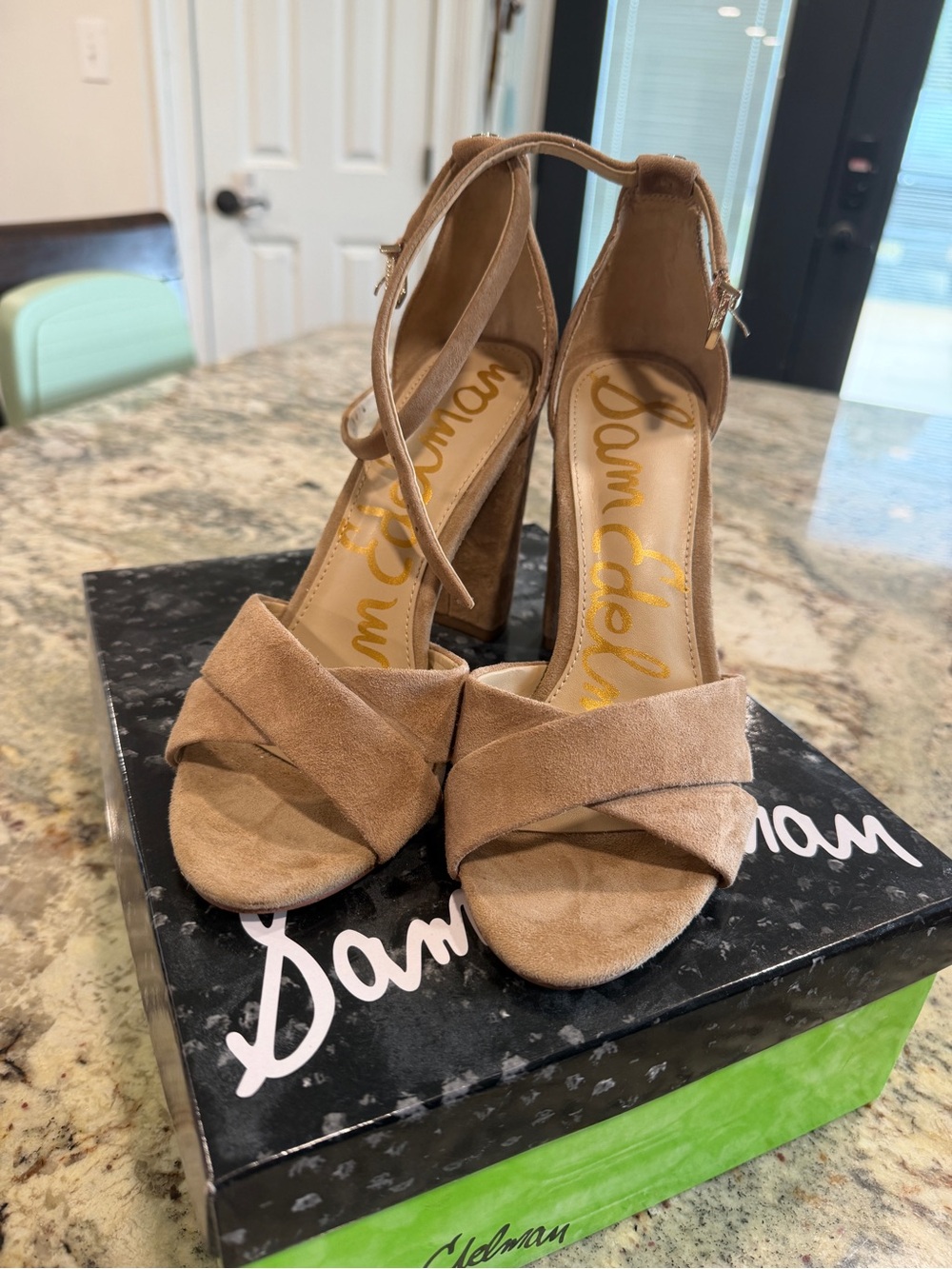 Sam Edelman Tan Suede Ankle-Strap Block Heel Sandals